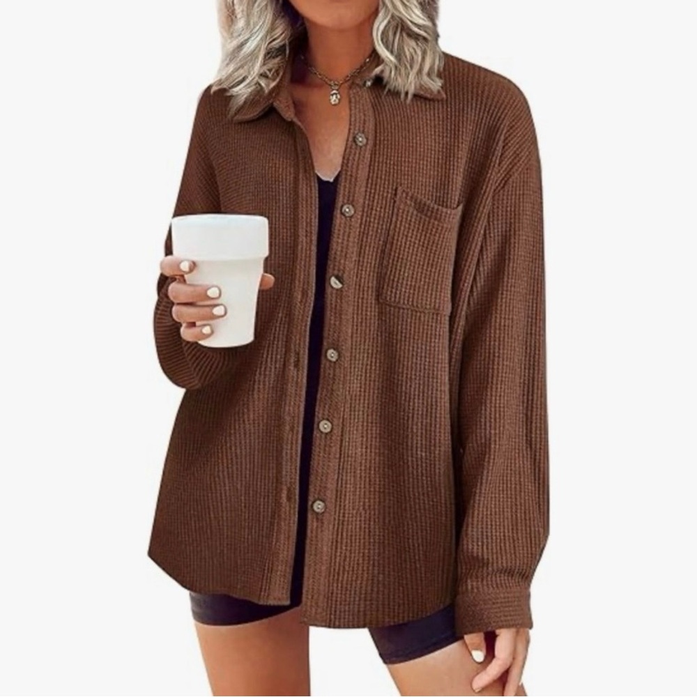 Hotouch Women’s Toffee Brown Long-Sleeve Waffle Button-Down Shirt - Size XXL